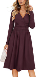 Women's Fall Long Sleeve Wrap V Neck Midi Dress - Flattering Fall