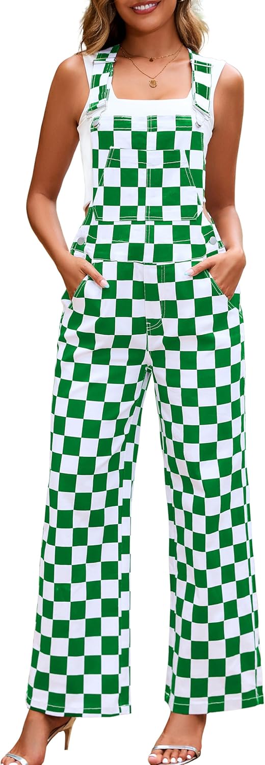 Green Checkered Overalls for Women - Stylish Loose Fit Jumpsuits