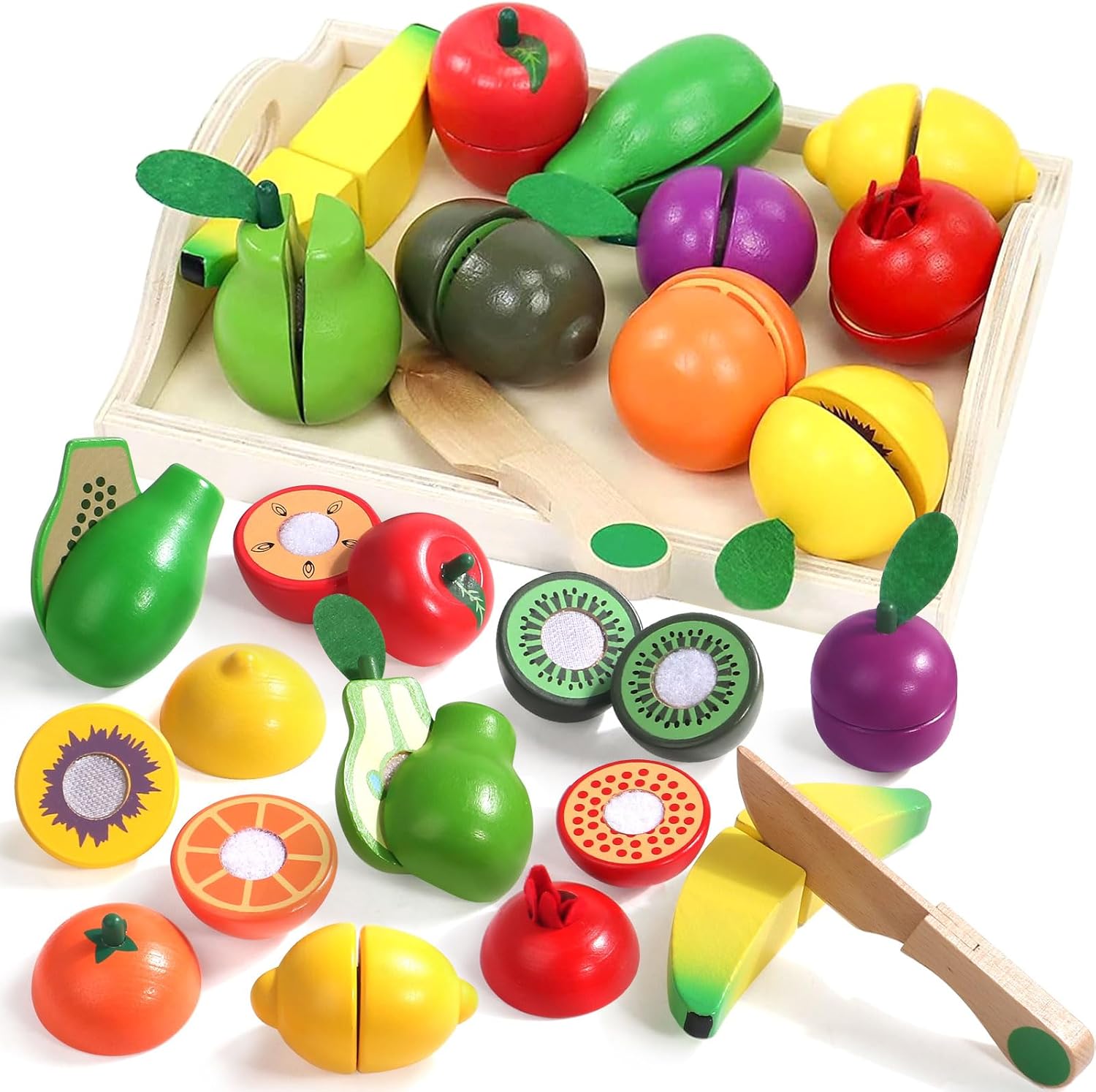 Montessori Wooden Play Food Set - Educational Pretend Cutting Fruit