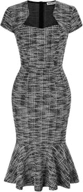 Womens Cap Sleeve Fishtail Tweed Cocktail Bodycon Dress - Vintage Fit