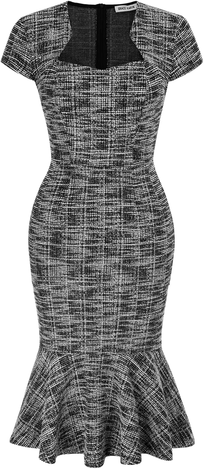 Elegant Cap Sleeve Fishtail Tweed Cocktail Bodycon Dress