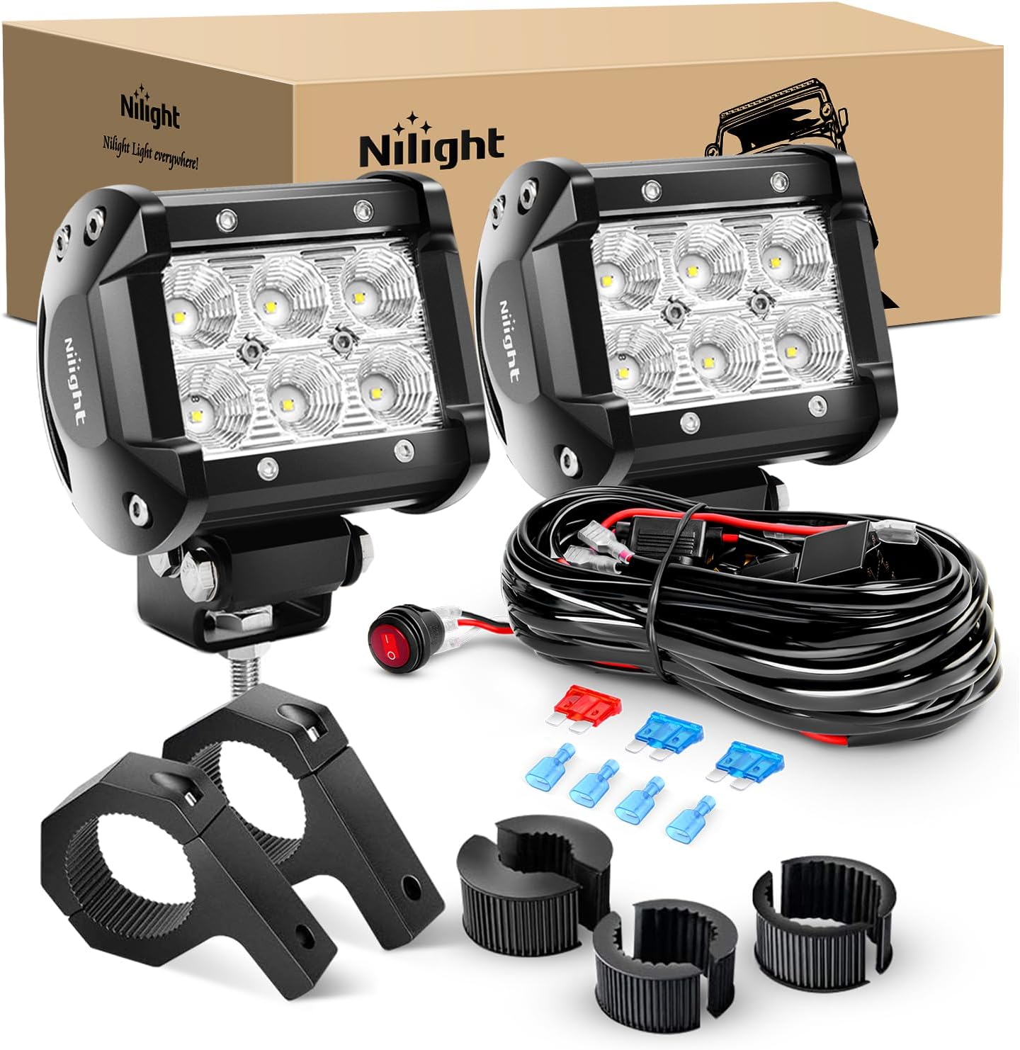 Nilight 4 Inch 18W Flood LED Light Bars with Mounting Bracket