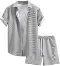 Mens 2 Piece Waffle Knit Button Down Shirt and Shorts Set - Summer