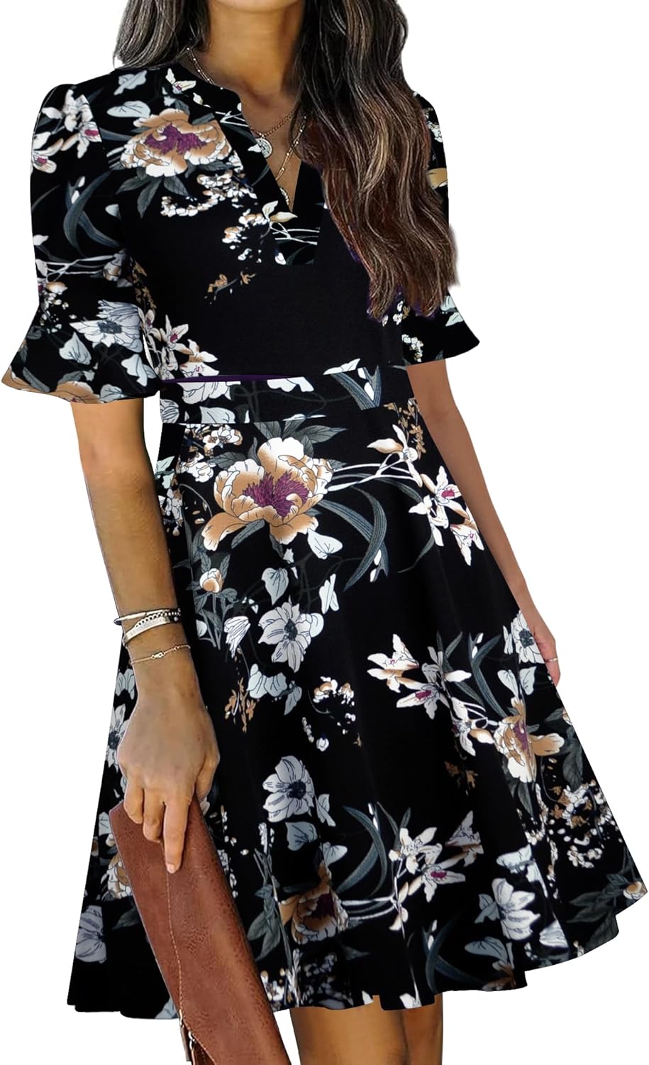 Mokayee Womens Summer V Neck Ruffle Short Sleeve Dress