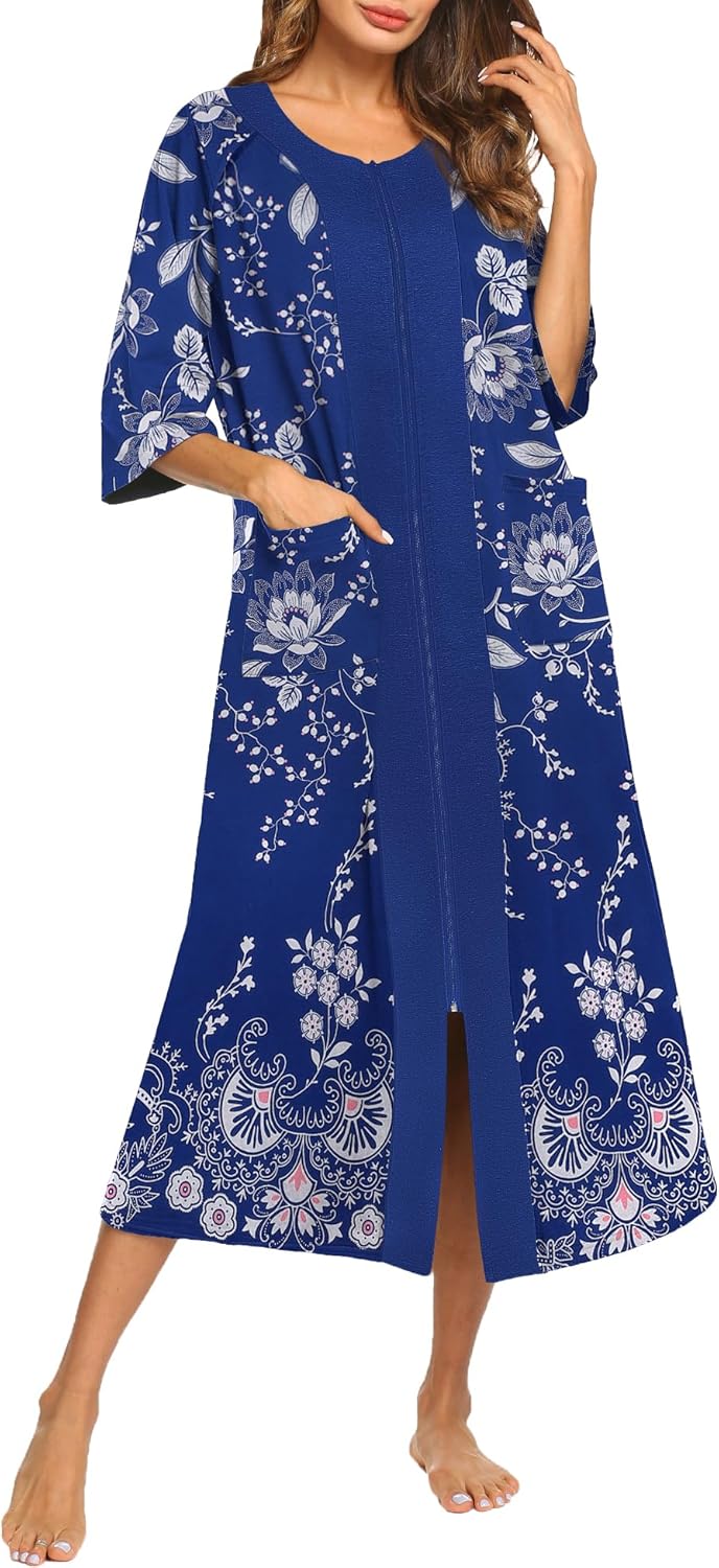 Ekouaer Women's Zipper Robe Full Length House Dress Loungewear