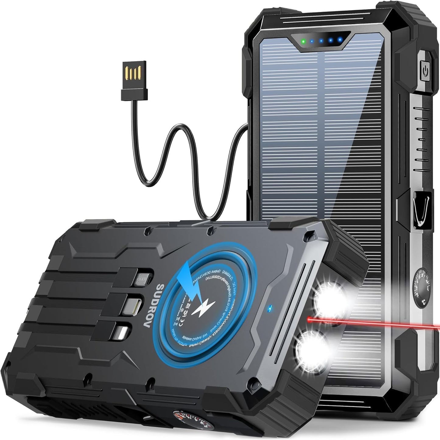 Fast Charging Solar Power Bank 42,800mAh - 4 Ports, Wireless, USB-C, LED