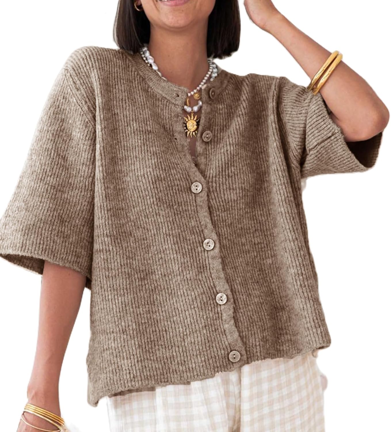 Women Knitted Crop Cardigan Shirt Short Sleeve Y2k Top