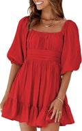Square Neck Tie Back Lantern Sleeve Ruffle A-Line Mini Dress - Cute