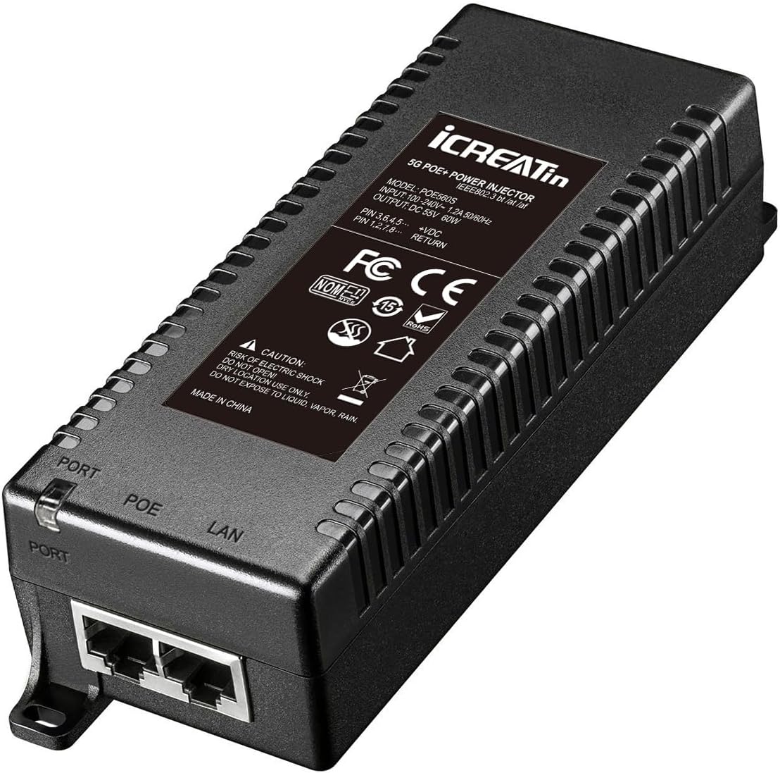 5G POE++ Injector 60W for High Power PTZ Camera and More