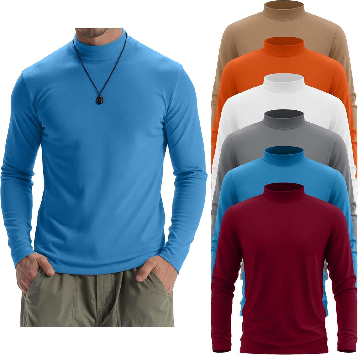 6 Pack Mens Mock Turtleneck Long Sleeve Shirts for All Seasons
