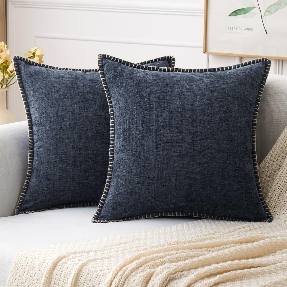 MIULEE Pack of 2 Navy Blue Chenille Couch Throw Pillow Covers