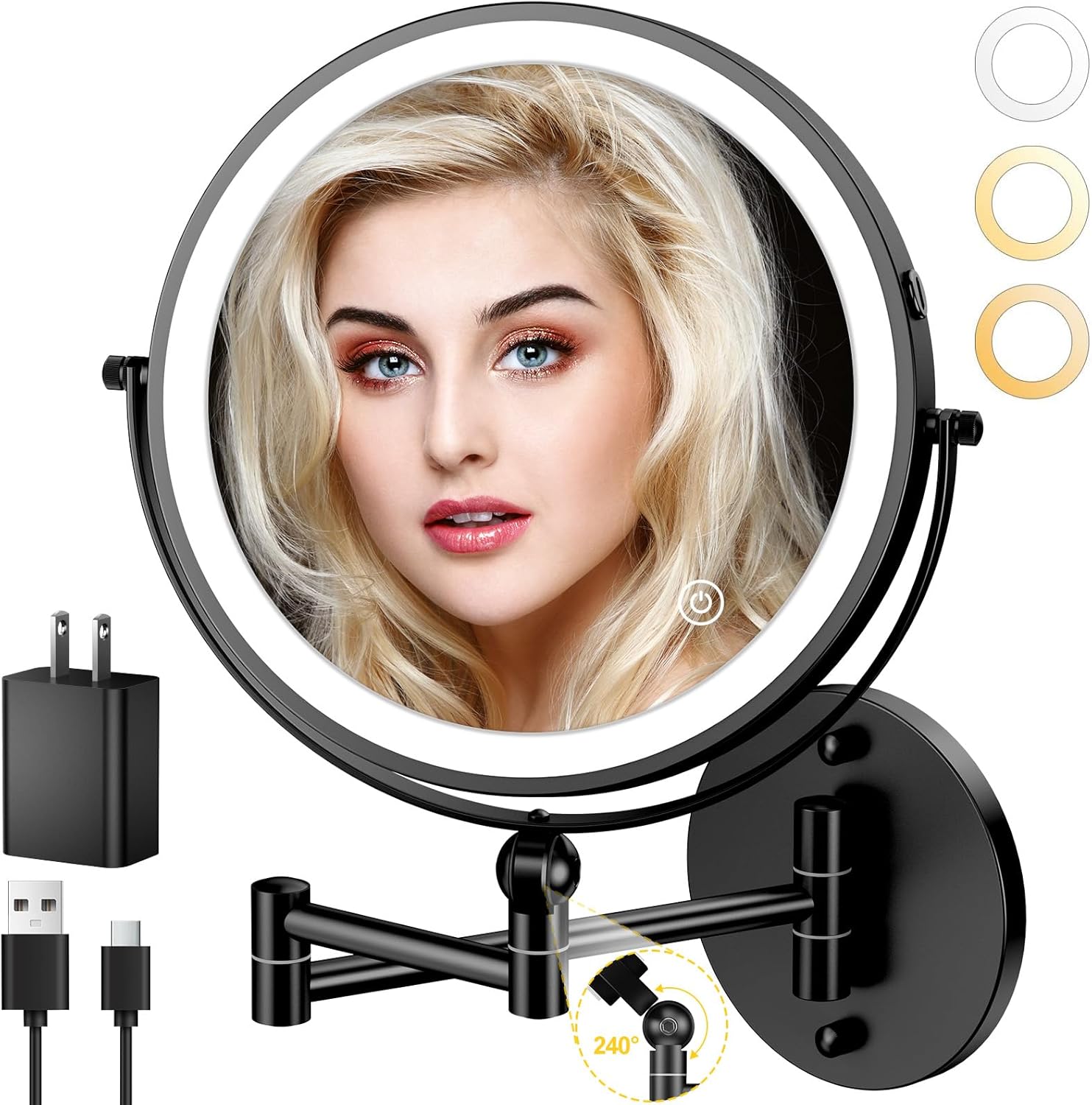 9in Wall Mounted Lighted Makeup Mirror with 360 Rotation Arm