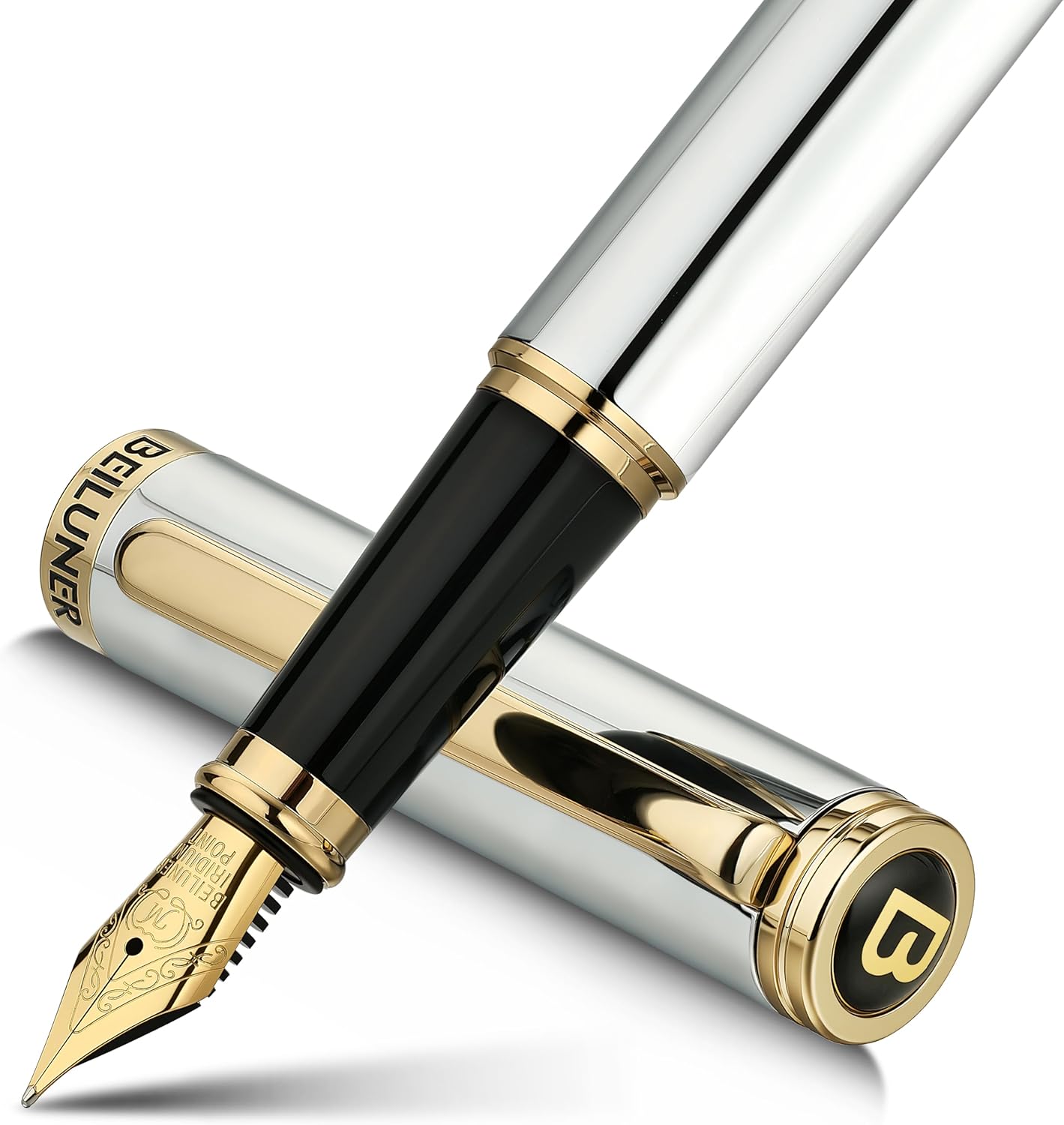 BEILUNER Silver Chrome Fountain Pen with 24K Gold Accents