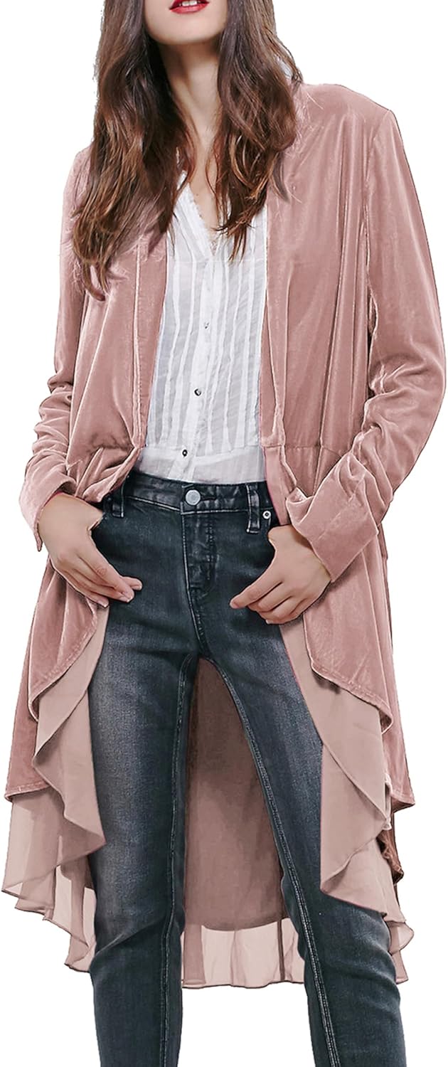 Ruffled Asymmetric Long Velvet Blazers Coat for Women
