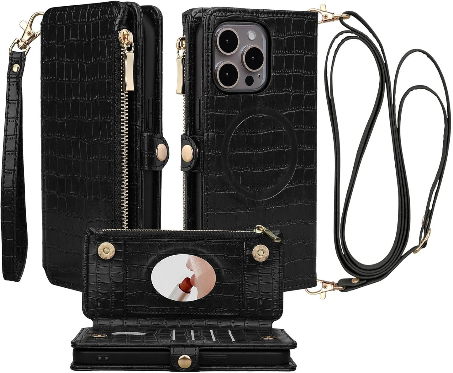 Crossbody Wallet Case for iPhone 15 Pro Max with Mirror