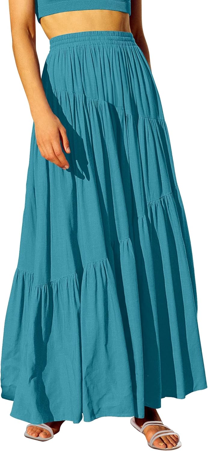 Boho Elastic High Waist Pleated A-Line Maxi Skirt Dress