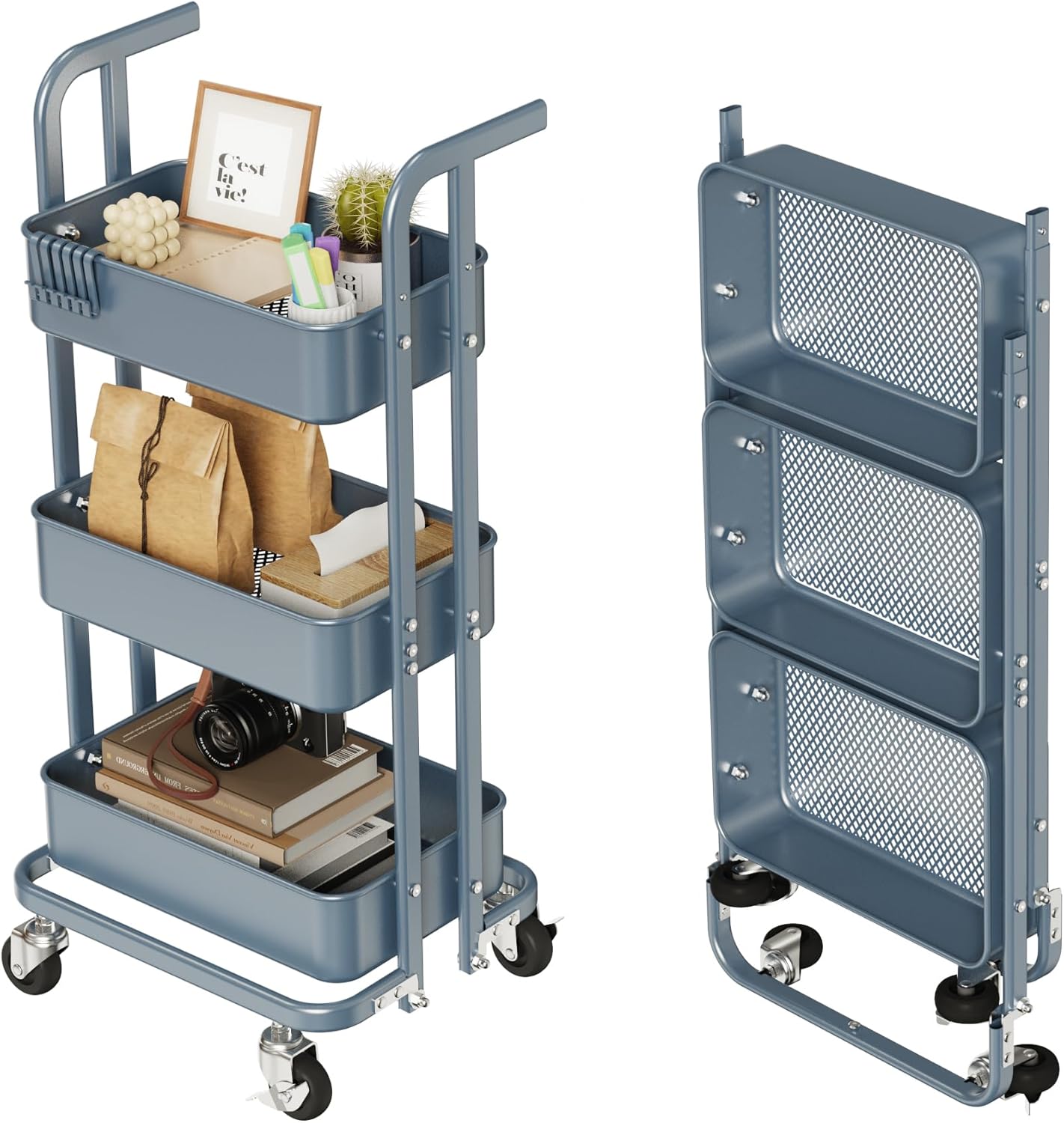 DTK Mini 3 Tier Foldable Rolling Cart for Versatile Storage