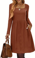Sweater Dress Square Neck Knit Long Sleeve A-Line Knee (Style WPN7)