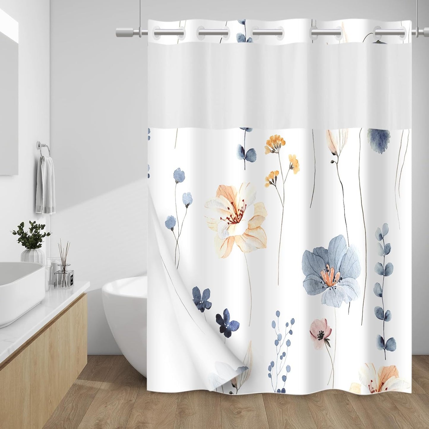 Watercolor Floral No Hook Shower Curtain - Fabric Waterproof - 71x74 Inch