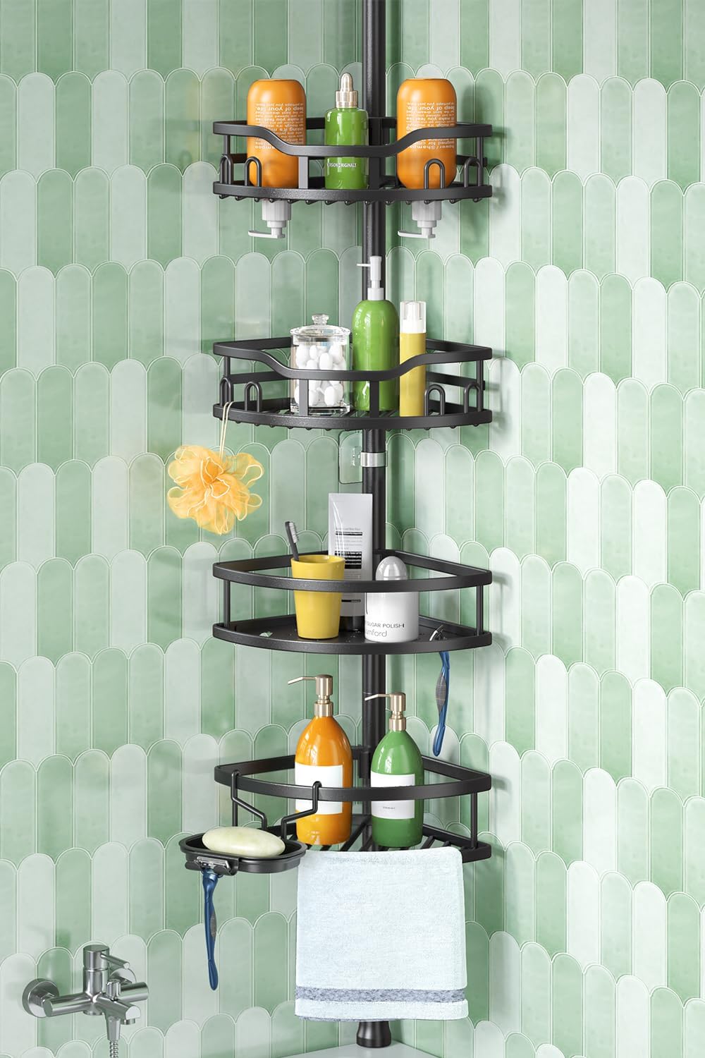 HAMITOR Corner Shower Caddy Tension Pole for Bathroom Storage