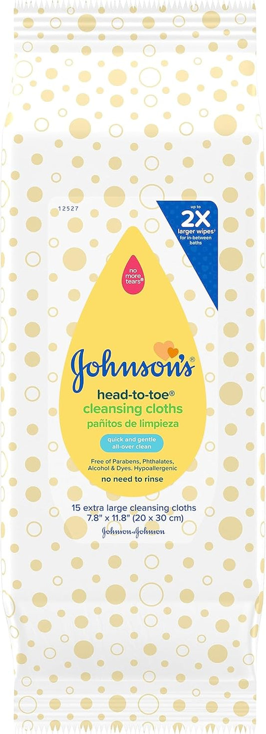 Johnson's Gentle Baby Cleansing Cloths, Hypoallergenic & Paraben-Free, 15 ct