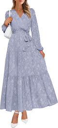 Womens Long Sleeve Wrap Ruffle Floral Maxi Dress - Chiffon Tie Waist