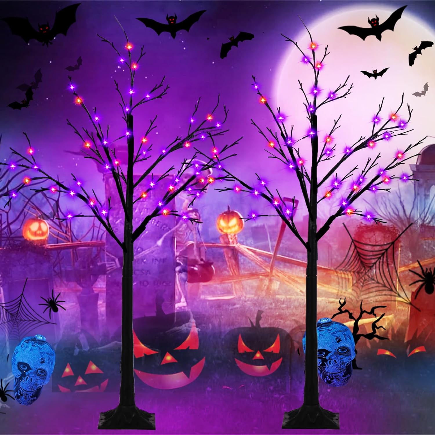 4FT Lighted Black Halloween Tree with 96 LED Lights for Decor