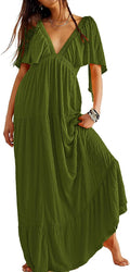 Kikibell Women V-Neck Maxi Dress with Flutter Sleeves - Flowy Tiered