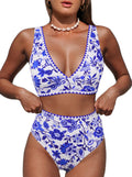 Women's Leopard High Waisted Bikini Set - V Neck Floral Two-Piece
