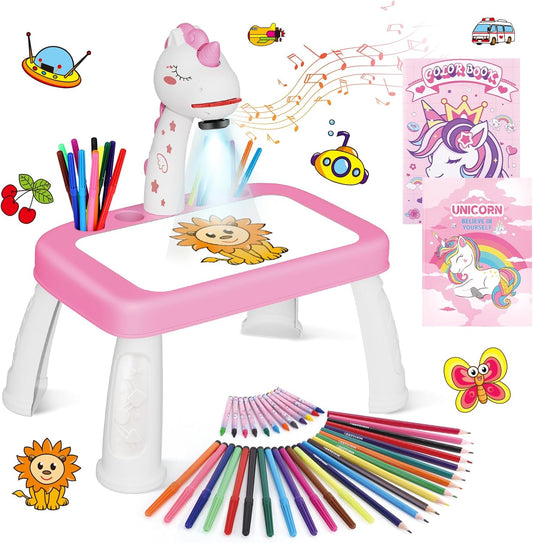 Kids Drawing Projector + Craft Kit: Music, Pens, Unicorn Stickers