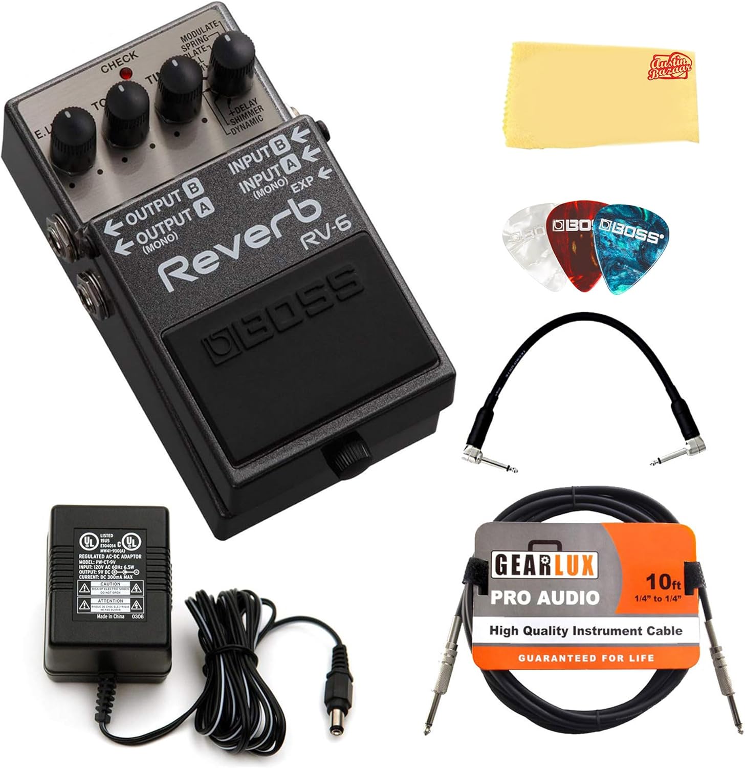 Boss RV-6 Reverb Pedal Bundle with Power Supply and Accessories