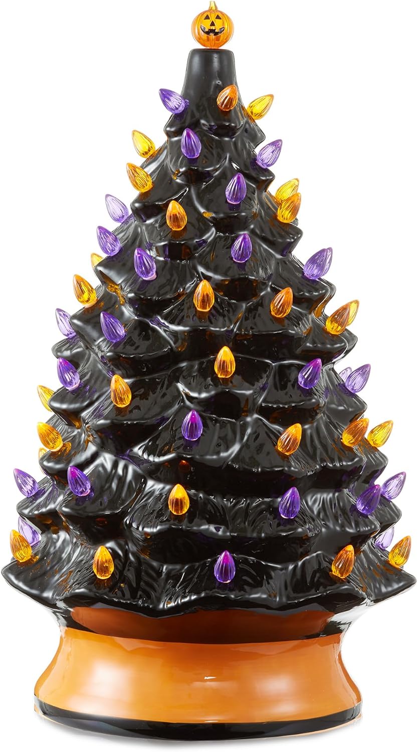 Hand Painted Ceramic Halloween Tree with Multi-Color Lights