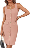 Buttons Belted Square Neck Business Midi Dress - Flattering Workwear