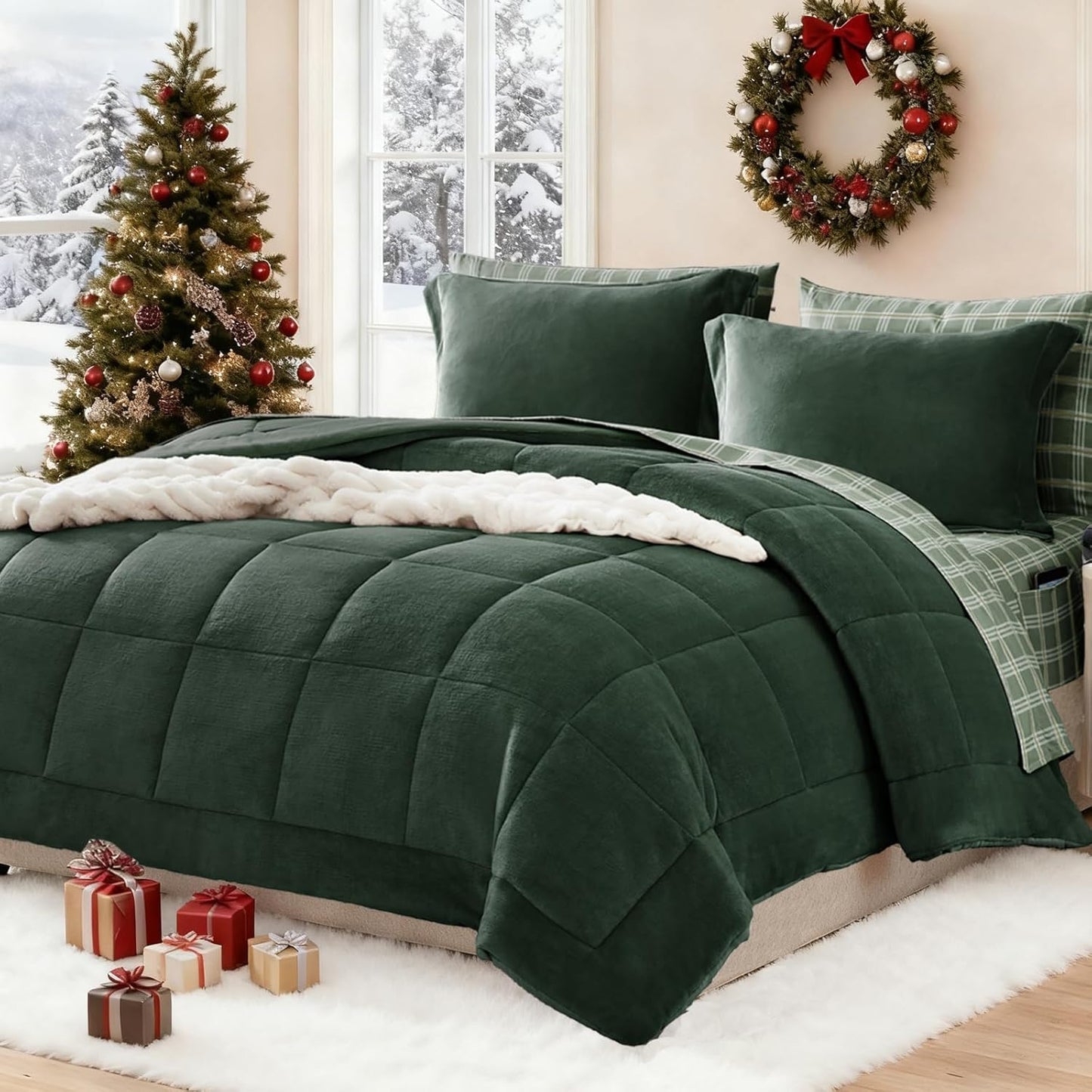 Plush King Size Comforter Set Dark Green for Cozy Winter Nights