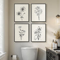Framed Black and White Bathroom Wall Art - 4 Piece Floral Set