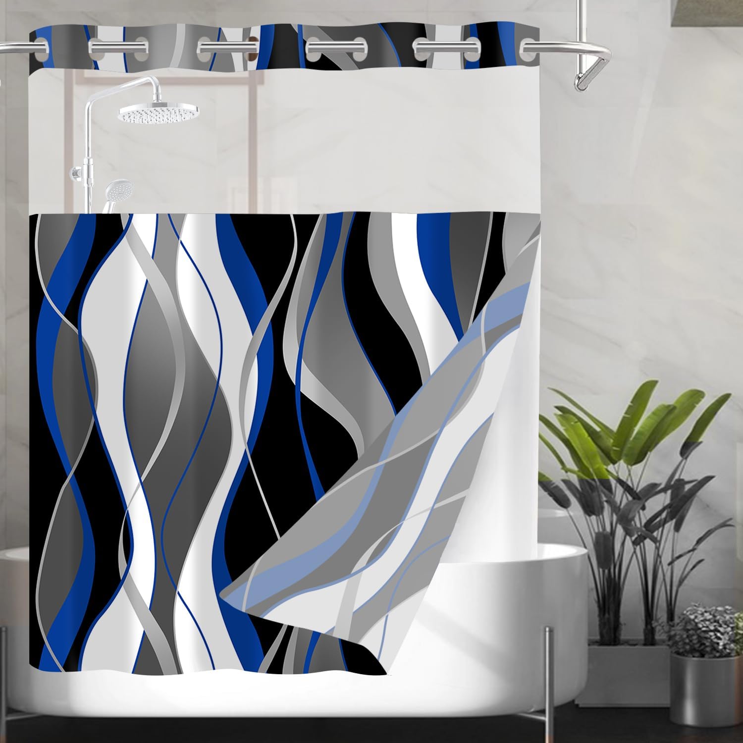 Black Modern Bathroom Set - Nkzply Blue Striped Curtain 71x74