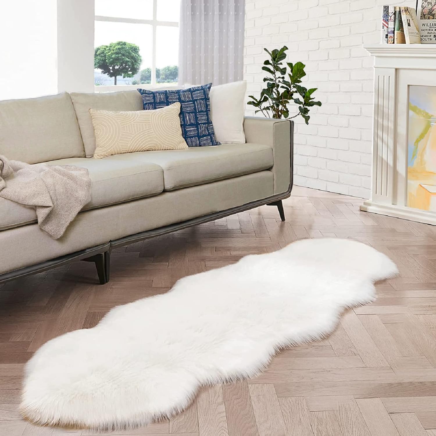 Fluffy White Faux Sheepskin Shag Runner Rug for Living Room