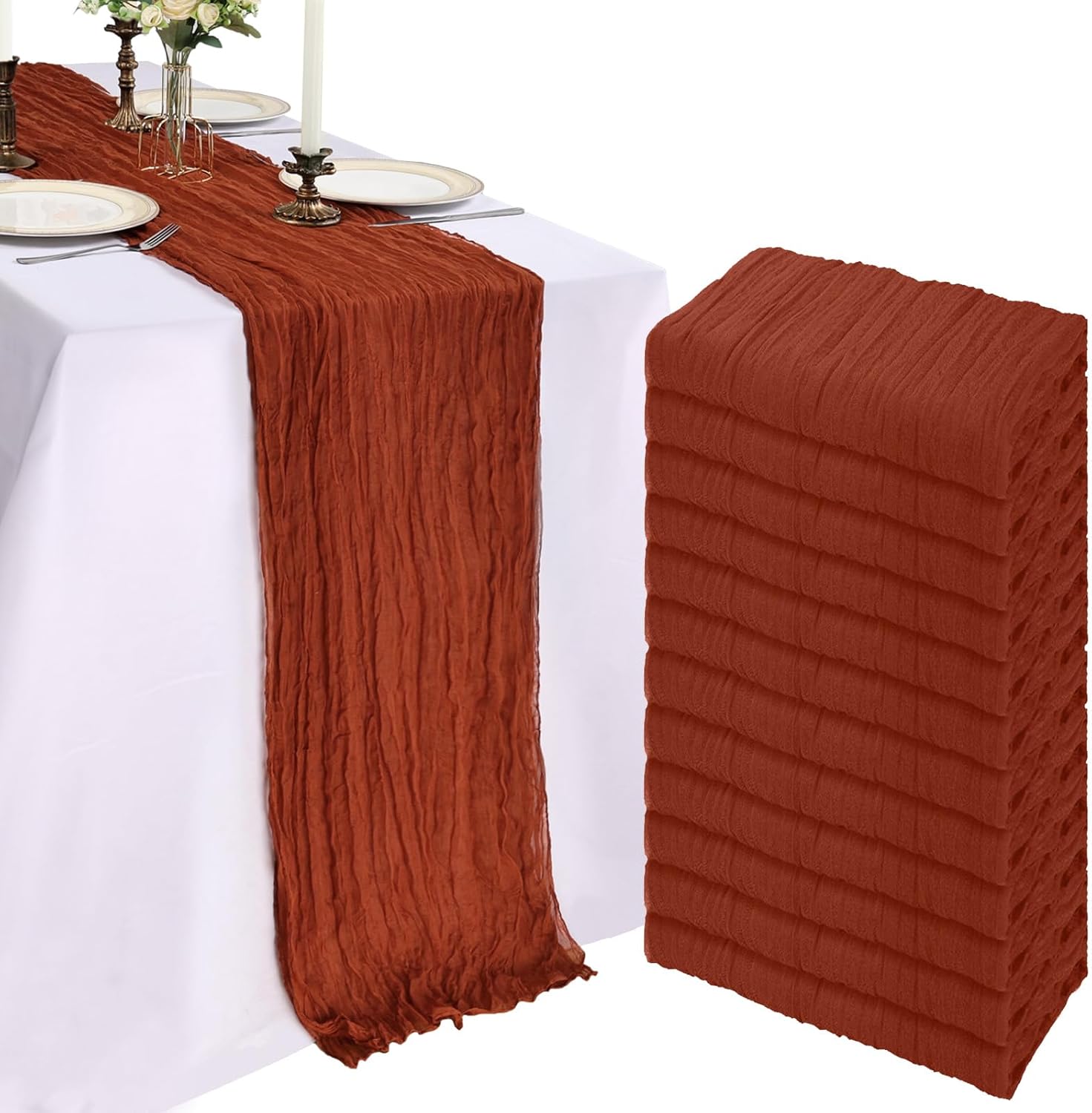 10FT Terracotta Cheesecloth Table Runner for Rustic Decor