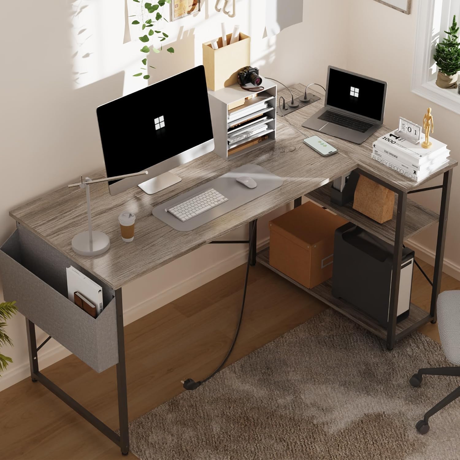 L Shaped Computer Desk with Power Outlets for Small Spaces