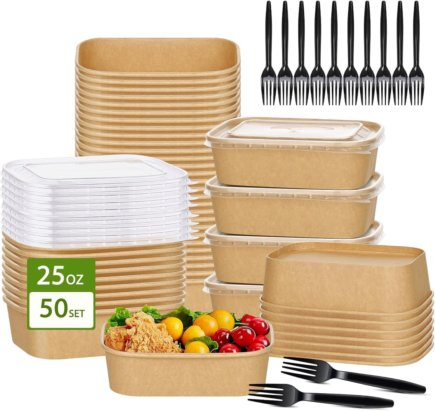 25oz Kraft Paper Bowls - 50 Pack Disposable Food Containers