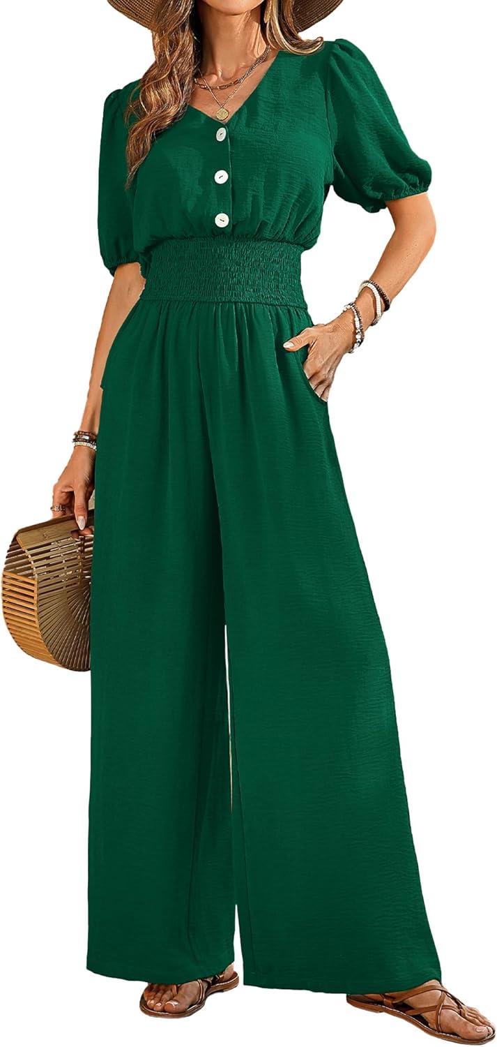 Womens Jumpsuits Short Sleeve V Neck Dressy Casual Wide Leg Pants