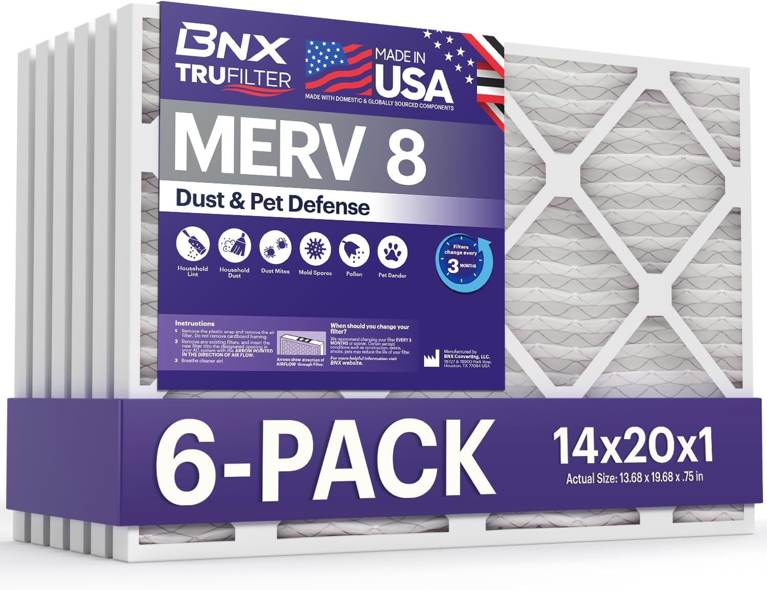 BNX TruFilter 14x20x1 Air Filter MERV 8 for Cleaner Air