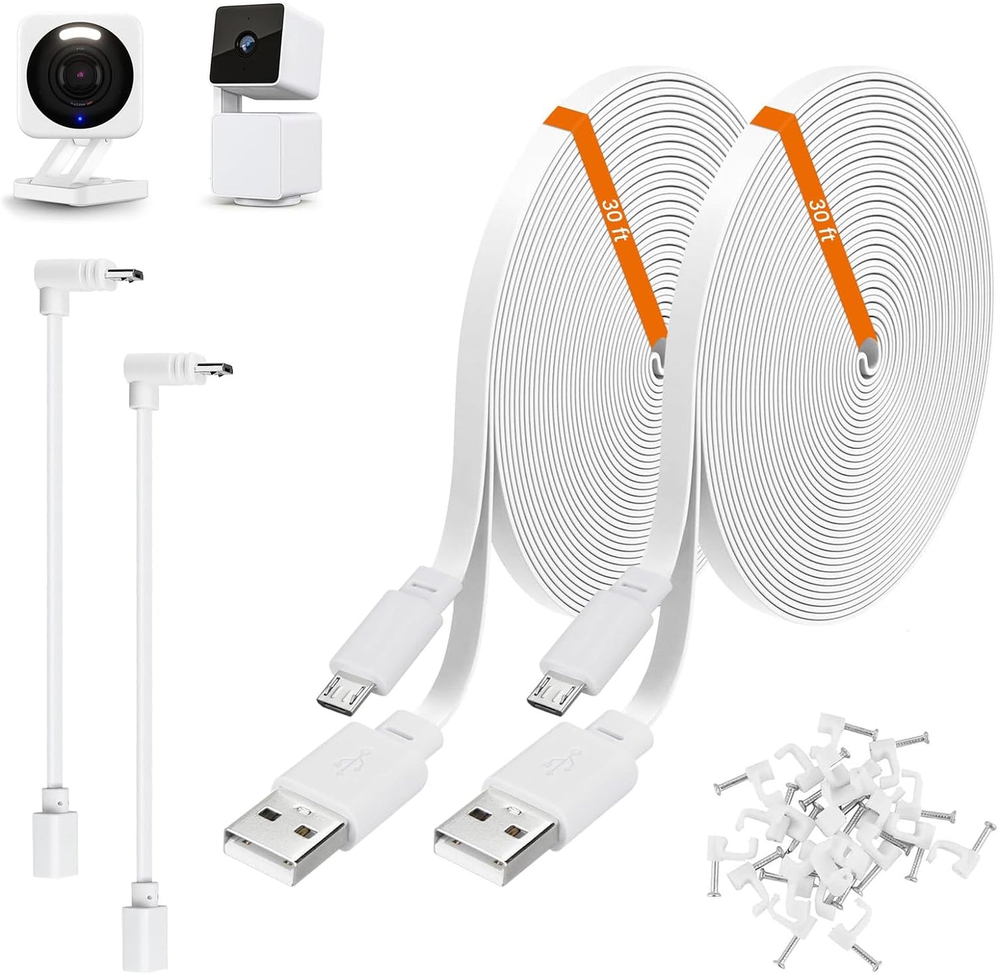 Long Flat 30ft Power Cable for Wyze Cams - L-Shaped Adapter - White