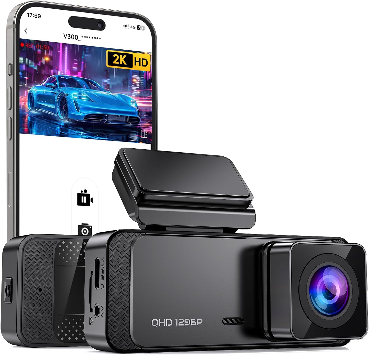 V300 Dash Cam: Crystal Clear 1296P Front Cam with WiFi & Night Vision