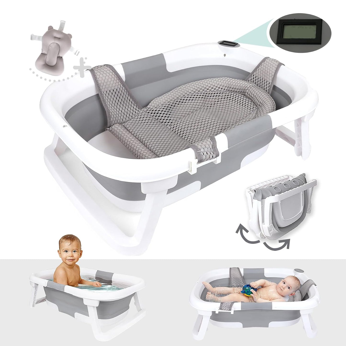 BEBELEHTM Collapsible Baby Bathtub with Thermometer for Infants