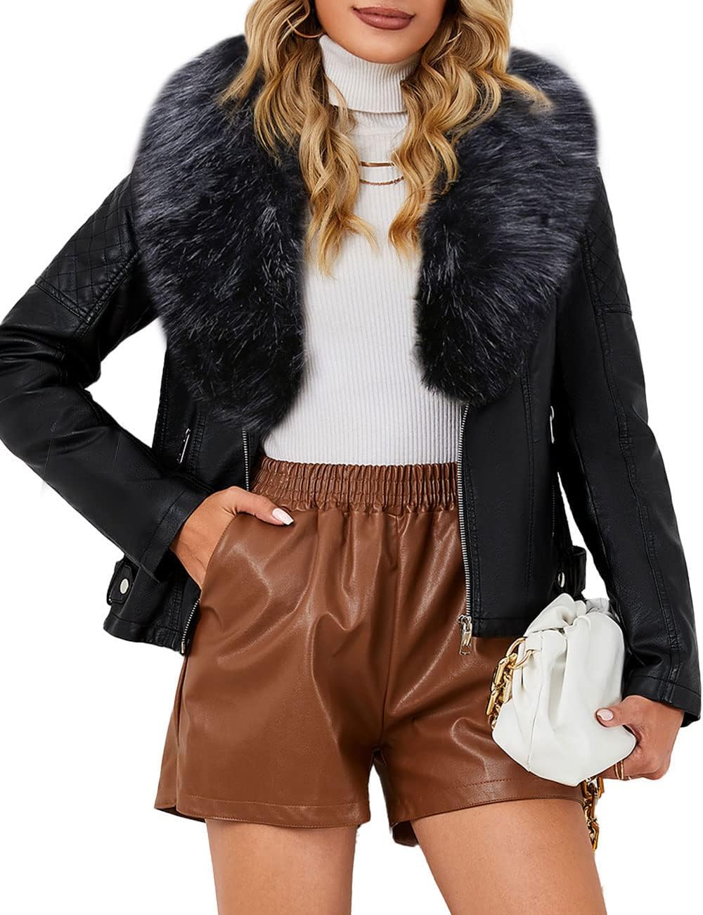Stylish Faux Leather Jacket for Women with Removable Fur Collar