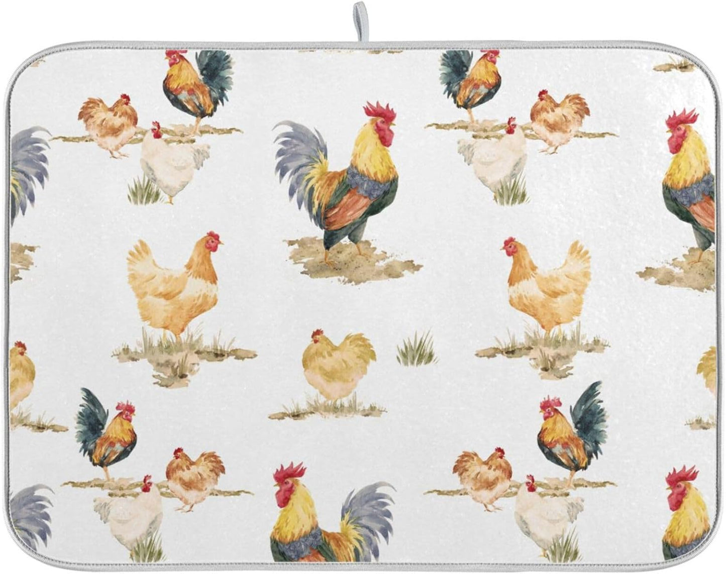 Large Absorbent Watercolor Chickens Dish Drying Mat by Tarity