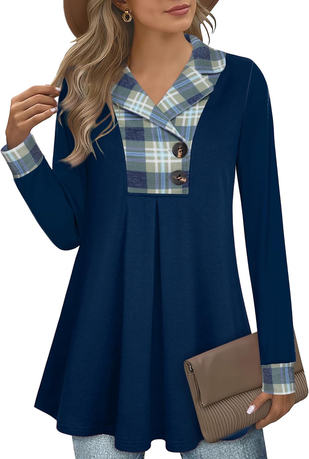 Gaharu Women's Swing Tunic Notch Collar Long Sleeve Pullover
