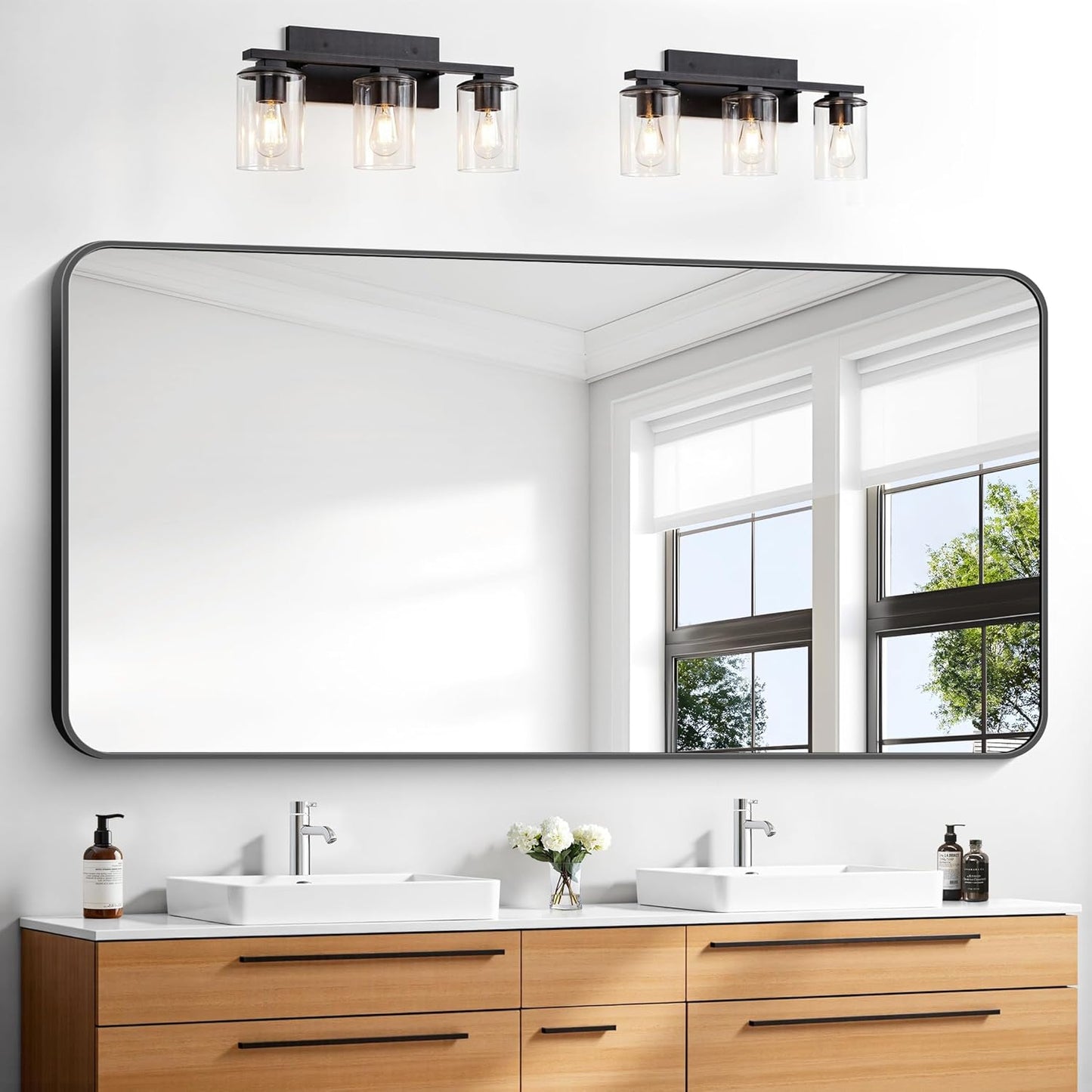 30x60 Inch Black Rectangle Bathroom Mirror with Rounded Corners