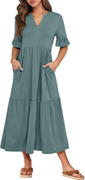 ANRABESS Women's Casual Ruffle Sleeve V Neck Tiered Maxi Dress - Flowy